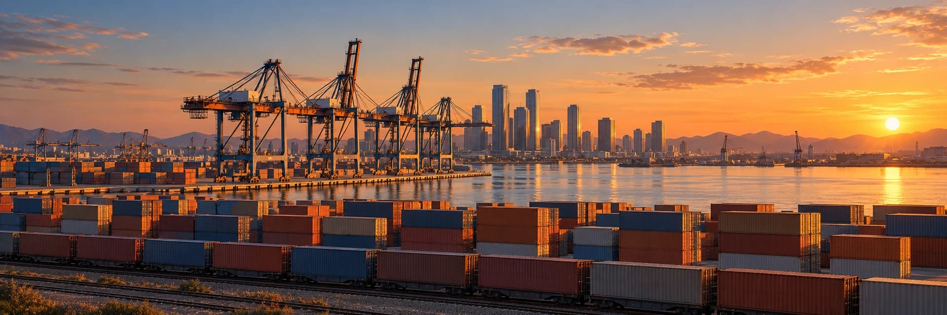 Editorial photograph at golden hour of a container port on a calm harbor. Four ship-to-shore cranes stand along the quay, with smaller cranes in the distance, over stacks of plain rust, blue and gray containers, and a freight train of blank containers runs along the lower edge of the frame. Across the harbor, just right of center, a generic cluster of glass towers catches the low sun on the right, with distant mountains on the horizon. No people, no ship names, no container codes and no legible lettering appear anywhere in the frame.