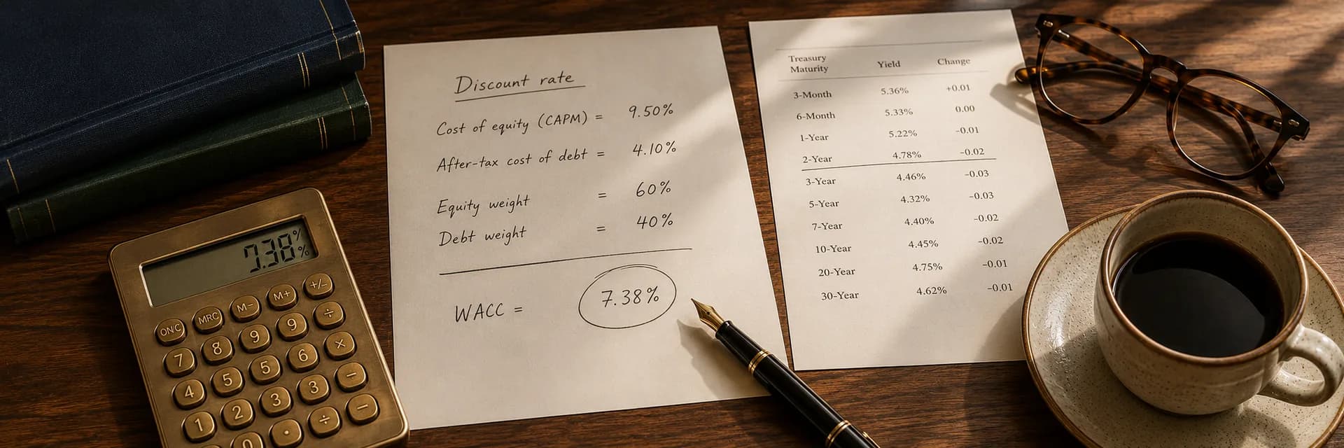 Editorial overhead photograph of a walnut desk with a handwritten WACC worksheet showing a cost of equity line, an after-tax cost of debt line and equity and debt weights, beside a printed Treasury yield sheet, a brass calculator displaying a percentage, a fountain pen, reading glasses and a ceramic coffee mug in warm wood, navy and brass tones