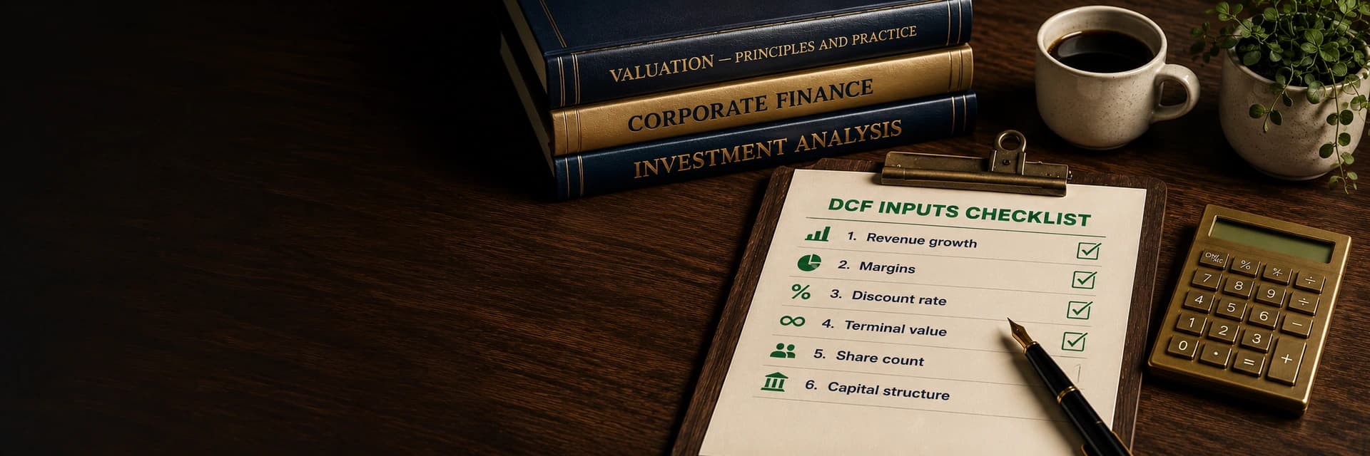Editorial hero showing the title 'DCF inputs checklist: audit any DCF before trusting its output' on a deep-navy panel, alongside a wooden desk with three gold-embossed valuation textbooks (Valuation Principles and Practice, Corporate Finance, Investment Analysis), a clipboard listing six checked DCF Inputs Checklist items (Revenue Growth, Operating Margins, Capital Intensity, Cost of Capital, Terminal Growth, Cash & Other Adjustments), a brass calculator, fountain pen, ceramic coffee mug and small plant in warm wood, navy and brass tones