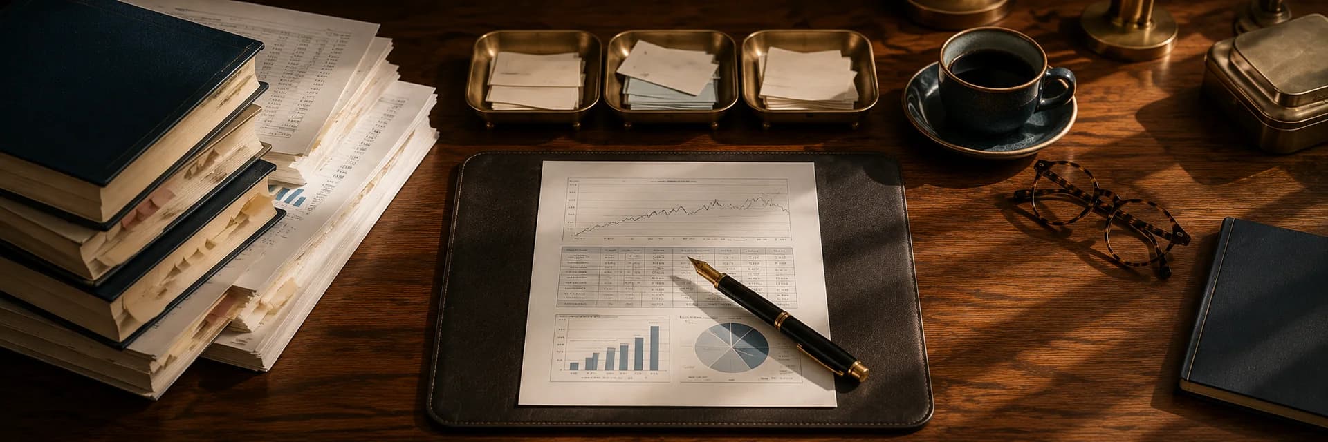 Overhead photograph of a walnut desk with a squared stack of annual reports beside a single summary page on a leather desk pad, a fountain pen resting across it, three brass trays holding sorted paper slips, tortoiseshell reading glasses and a dark cup of coffee on a saucer in warm wood and brass tones under soft afternoon light