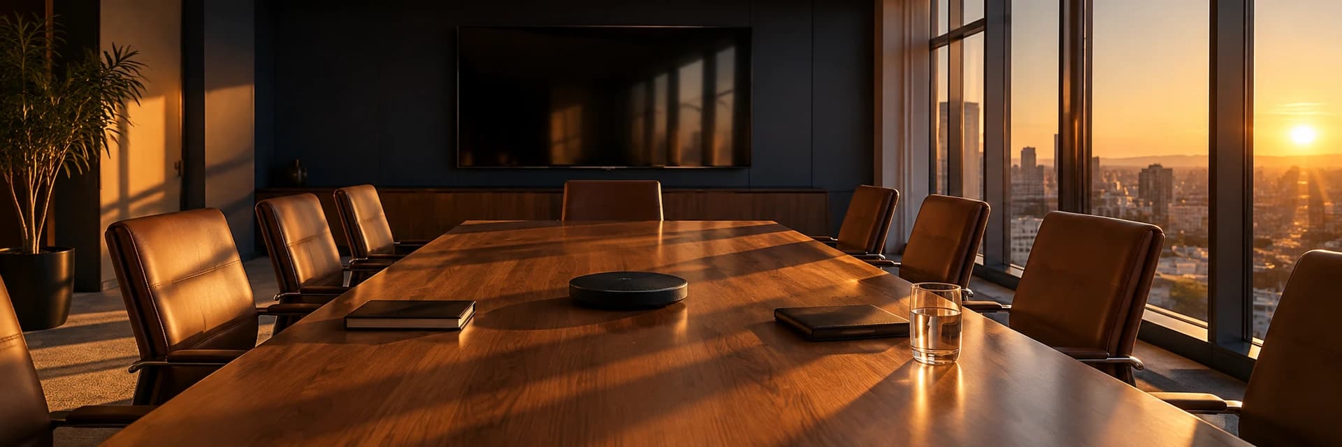 Editorial photograph of an empty conference room at golden hour, seen at an angle along a long walnut table. A black disc-shaped speakerphone sits near the center of the table, with two closed dark notebooks and a water glass beside it. Empty leather chairs line both sides of the table. A switched-off display hangs on the dark navy far wall, left of center, and a potted plant stands in the left corner. Floor-to-ceiling windows on the right look out over a generic city at sunset, and the low sun throws long bars of light and shadow across the tabletop. No people, no text and no logos appear anywhere in the frame.