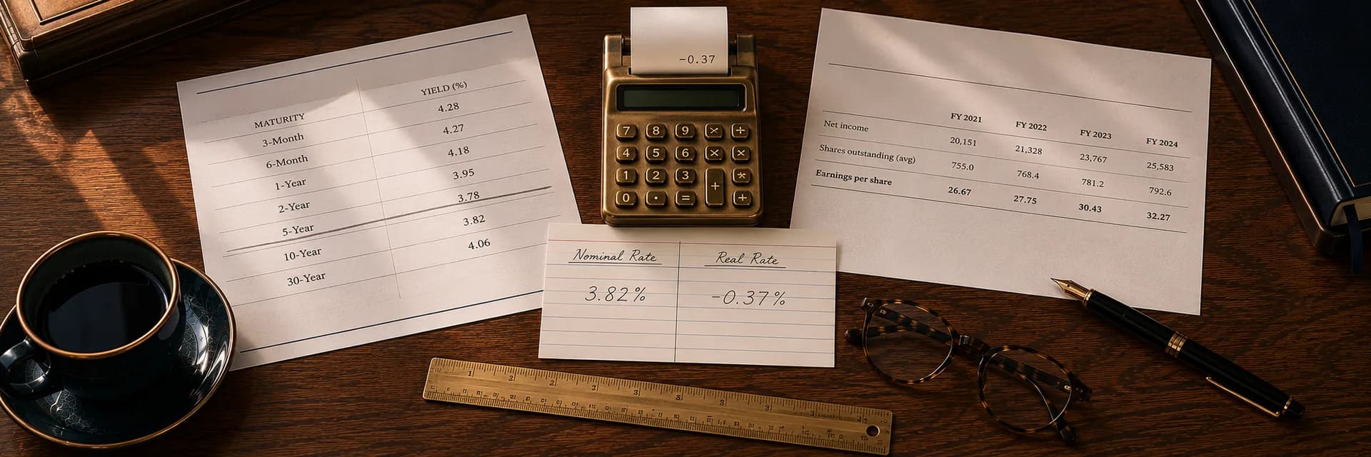 Editorial overhead photograph of a dark wooden desk in warm lamplight. On the left, a printed table headed MATURITY and YIELD in percent, listing maturities from three-month to thirty-year against a column of yields. In the center, a brass desk calculator whose paper tape reads minus 0.37, above a lined index card ruled into two handwritten columns headed Nominal Rate and Real Rate, holding 3.82 percent and minus 0.37 percent. On the right, a printed earnings sheet listing net income, average shares outstanding and earnings per share across four fiscal years. A brass ruler lies along the lower edge, with tortoiseshell reading glasses and a black fountain pen to its right, a dark ceramic coffee cup on a saucer at the left edge, and a wooden tray and closed dark notebook at the top corners.