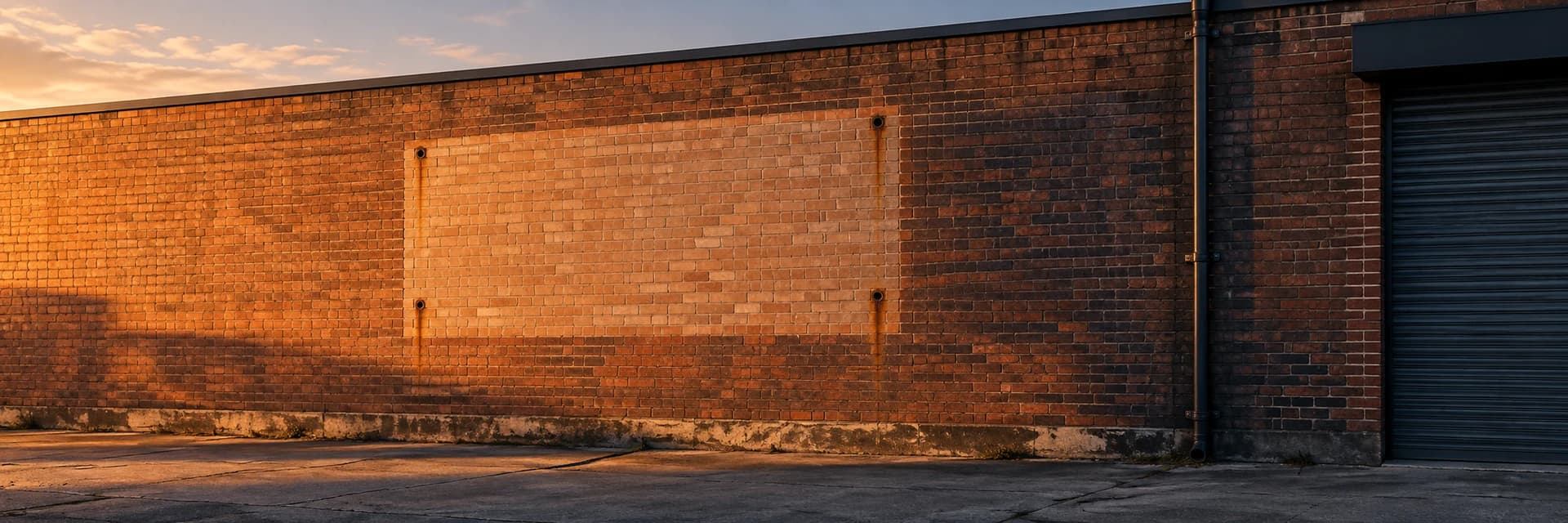Editorial photograph at golden hour of a terracotta brick warehouse wall, seen at a slight angle under an evening sky. A lighter rectangle of unfaded brick marks where a large sign has been taken down, with anchor holes at its edges and faint rust streaks running down from them. A long shadow falls across the lower left of the wall. A dark downpipe and a closed gray roller shutter sit at the right, and a strip of cracked concrete apron runs along the base of the wall. No people and no legible lettering or signage appear anywhere in the frame.