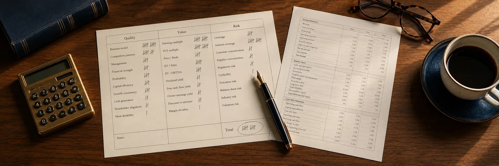 Overhead photograph of a walnut desk with a printed three-category scorecard marked with tally marks, a company financial statement, a brass calculator, a fountain pen, reading glasses and a hardcover finance book in deep navy and warm wood tones