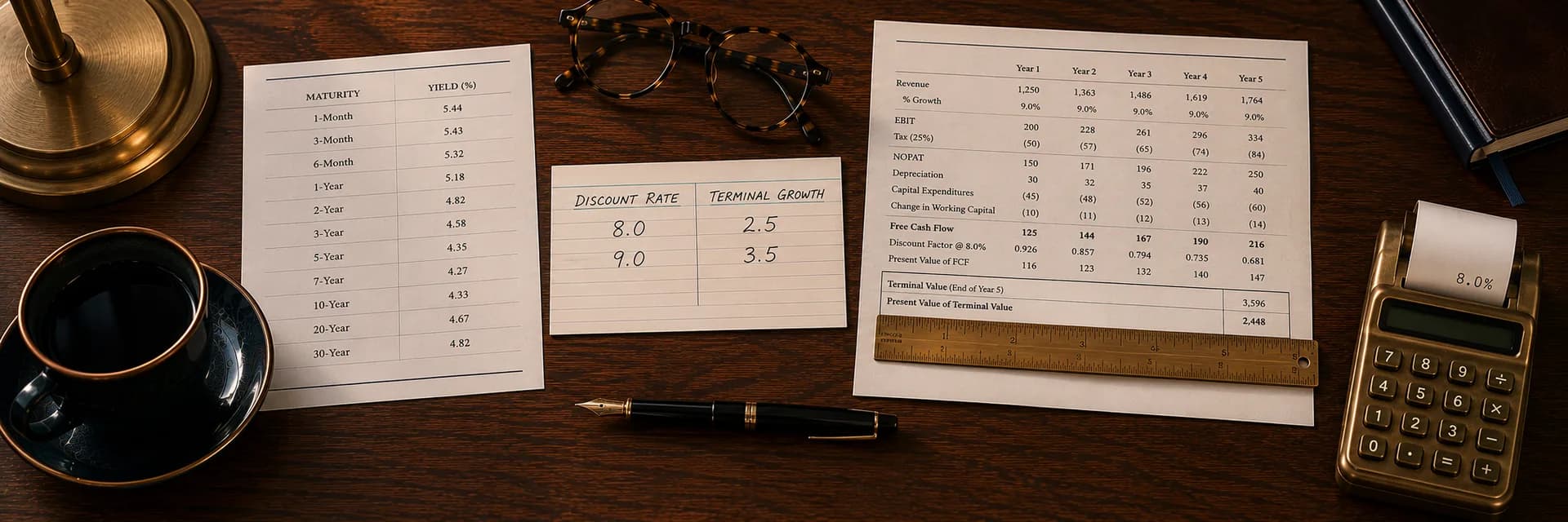 Editorial overhead photograph of a dark wooden desk in warm lamplight, with the brass base of a desk lamp at the top left corner. A dark ceramic coffee cup rests on a saucer at the left edge, beside a printed table headed MATURITY and YIELD in percent that runs from one month to thirty years, with values falling from 5.44 to 4.27 and rising again to 4.82. Tortoiseshell reading glasses lie folded at the top center. Below them a lined index card is ruled into two handwritten columns headed DISCOUNT RATE and TERMINAL GROWTH, holding 8.0 above 9.0 in the first column and 2.5 above 3.5 in the second. A black fountain pen with a gold nib lies uncapped along the lower center. On the right a printed discounted cash flow worksheet sets out five forecast years across the top, with rows for revenue, growth, EBIT, tax, NOPAT, depreciation, capital expenditures, change in working capital, free cash flow, discount factor at 8.0 percent and present value, above a boxed pair of terminal value lines. A brass ruler lies across the worksheet at those terminal value rows. A brass desk calculator sits at the right edge with its paper tape reading 8.0 percent, and a closed dark leather notebook fills the top right corner.