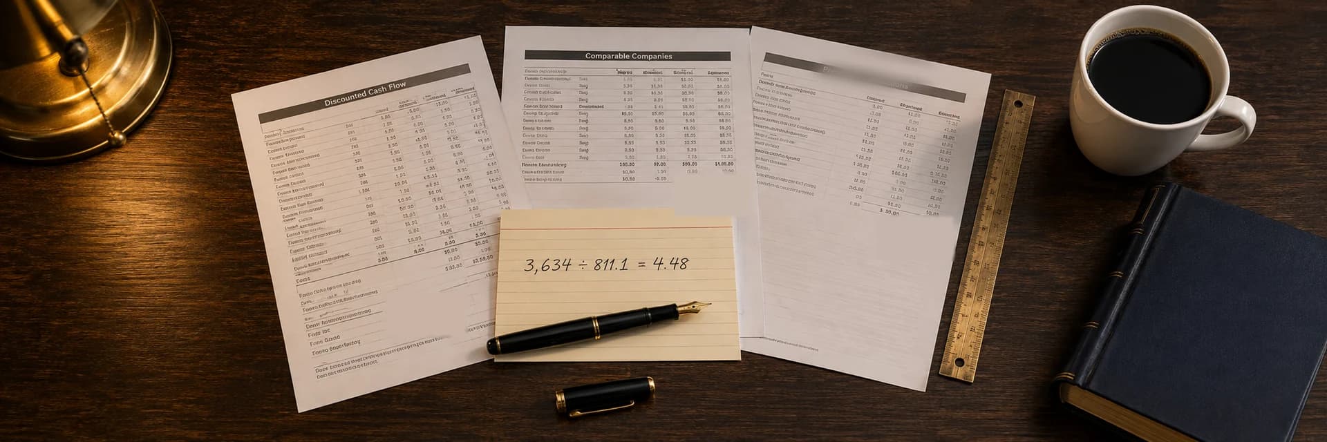 Editorial overhead photograph of a dark wooden desk in warm lamplight, the tiered brass base of a lamp filling the top left corner. Three printed valuation worksheets lie fanned side by side across the center, the nearest headed Discounted Cash Flow and the next headed Comparable Companies, each ruled into columns of small figures, with the third sheet angled away and its heading out of focus. A lined cream index card rests on top of them carrying the handwritten line 3,634 divided by 811.1 equals 4.48, with an uncapped black fountain pen with a gold nib lying across its lower edge and the matching cap set down on the desk below. A brass ruler lies along the right edge of the sheets, and beyond it a white ceramic cup of black coffee and a closed navy hardcover book with gilt page edges fill the right side of the frame.