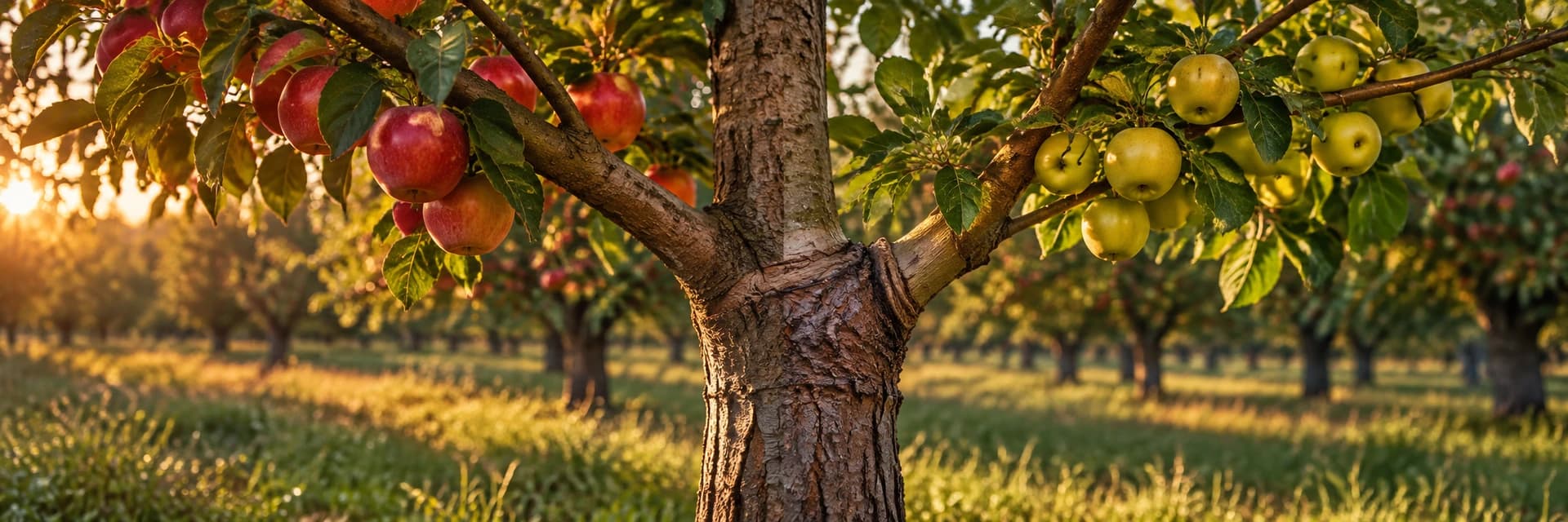 Editorial close-up photograph at golden hour of a mature apple tree in an orchard, framed on the graft union where a younger branch of a different variety joins the older trunk, with ripe fruit hanging from both. Low amber sunlight from the left rakes across the bark and the grass below, and the rows of trees behind fall into a soft warm blur. No people, tools, signs, labels or lettering appear anywhere in the frame.