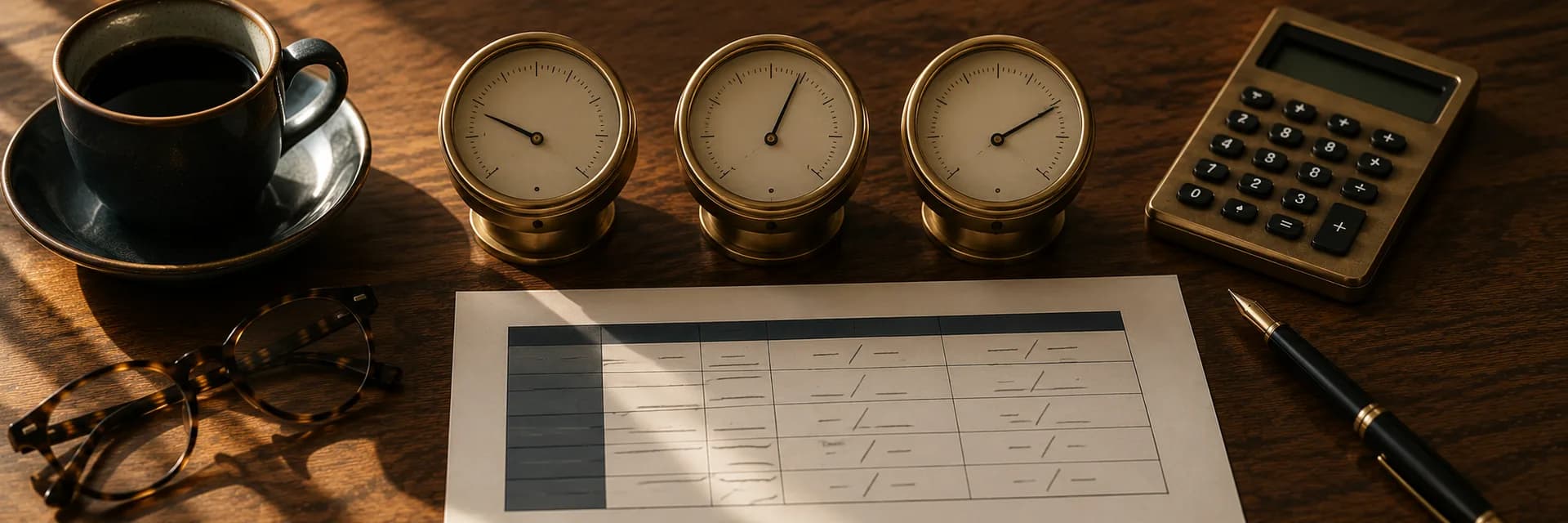 Overhead photograph of a walnut desk with three analog brass dial gauges resting at three different levels side by side, a printed return-on-capital worksheet with a dark header row, a brass calculator, tortoiseshell reading glasses, a gold-nibbed fountain pen and a dark cup of coffee, in warm wood and brass tones under soft golden light