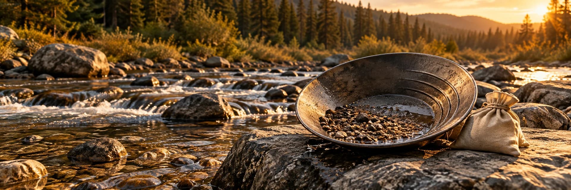 Editorial photograph at golden hour of a shallow mountain creek. A steel prospecting pan rests on a flat streamside rock, holding a small layer of dark gravel, beside a canvas sample bag tied shut with cord. Low amber sun from the right lights the moving water, and long shadows cross the pebbled bank, with a forested slope out of focus behind. No people, hands, lettering, labels or logos appear anywhere in the frame.
