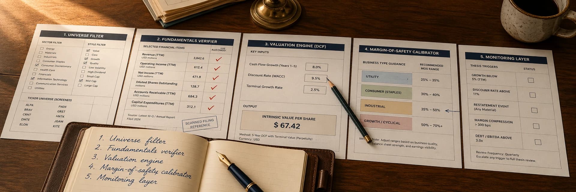 Editorial overhead photograph of a wooden analyst desk with five printed tool dashboards arranged left to right in a workflow flow: a stock screener filter sheet with sector and style columns, a fundamentals verifier sheet with line-item ticks against an SEC filing reference, a discounted cash flow valuation worksheet with discount rate and terminal growth inputs visible, a margin-of-safety calibration sheet with bands by business type, and a thesis-monitoring sheet with trigger conditions and watchlist entries. An open leather-bound notebook in the foreground showing a handwritten numbered list of the five layers in dark-blue fountain-pen cursive: 1. Universe filter, 2. Fundamentals verifier, 3. Valuation engine, 4. Margin-of-safety calibrator, 5. Monitoring layer. A brass paperweight resting on a stack of pages with annotated thesis triggers, a fountain pen with a brass-tone nib, and a ceramic coffee mug at the far edge, all lit by warm afternoon side-light. Warm wood, deep navy, brass, paper-cream palette.