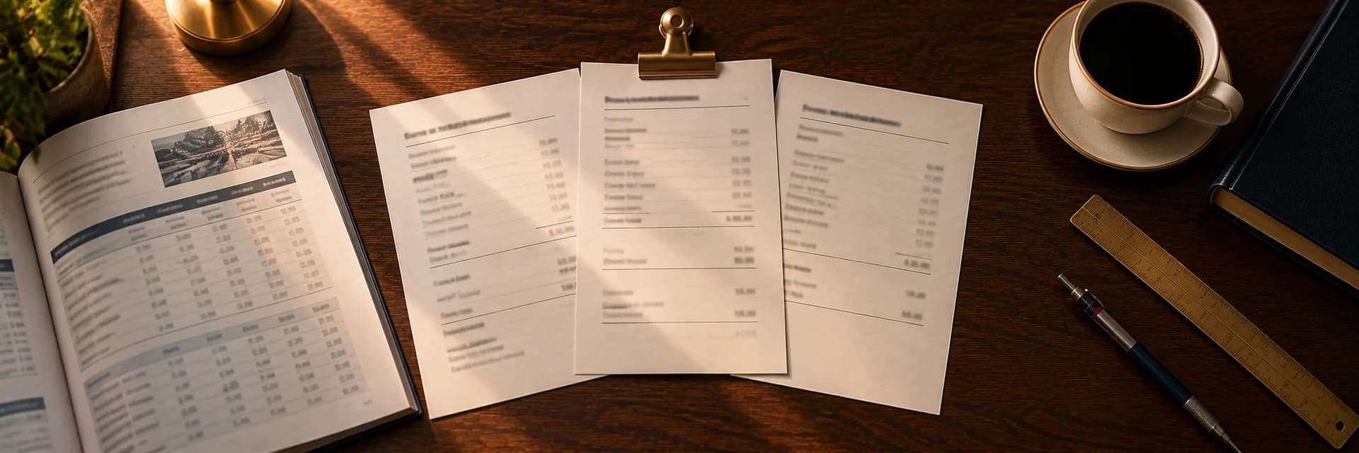 Editorial overhead photograph of a dark walnut desk in warm late-afternoon light. Three typed worksheets fan out from a brass bulldog clip at the center of the frame, each carrying a heading line and a single narrow column of figures that reads as texture rather than legible type. An open annual report lies to the left, folded back to a wide table. A brass ruler, a mechanical pencil and a cup of black coffee sit to the right, with a small potted plant and a brass lamp base at the upper left and a navy hardback at the upper right.