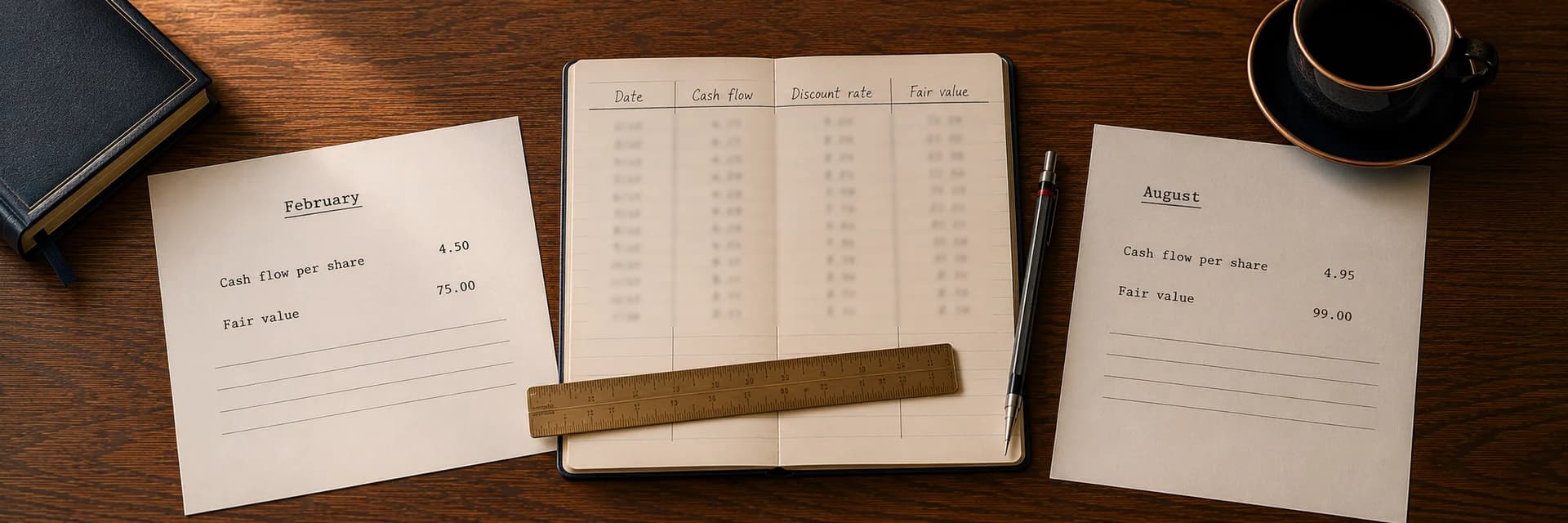Editorial overhead photograph of a dark wooden desk. Two typed valuation worksheets lie either side of an open ruled logbook. The left sheet is headed February and reads cash flow per share 4.50 and fair value 75.00; the right sheet is headed August and reads 4.95 and 99.00. The logbook columns are headed Date, Cash flow, Discount rate and Fair value above rows of handwritten entries. A brass ruler and a mechanical pencil rest on the logbook, a navy hardback sits upper left and a cup of black coffee upper right, in warm afternoon light.