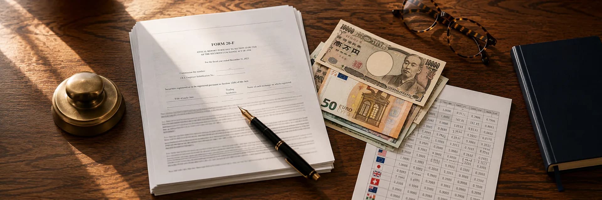 Editorial overhead photograph of a wooden desk with a printed Form 20-F annual report with a fountain pen resting on it, yen and euro banknotes, a printed currency exchange-rate table with country flags, a brass paperweight, tortoiseshell reading glasses, and a navy notebook in warm wood tones