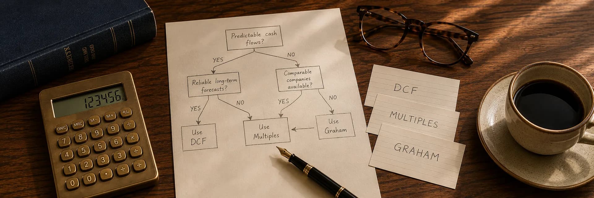 Overhead photograph of a walnut desk with a hand-drawn decision flowchart on paper, three labeled method cards reading DCF, multiples and Graham fanned beside it, a brass calculator, fountain pen, reading glasses, a coffee cup and a hardcover finance book in deep navy and warm wood tones