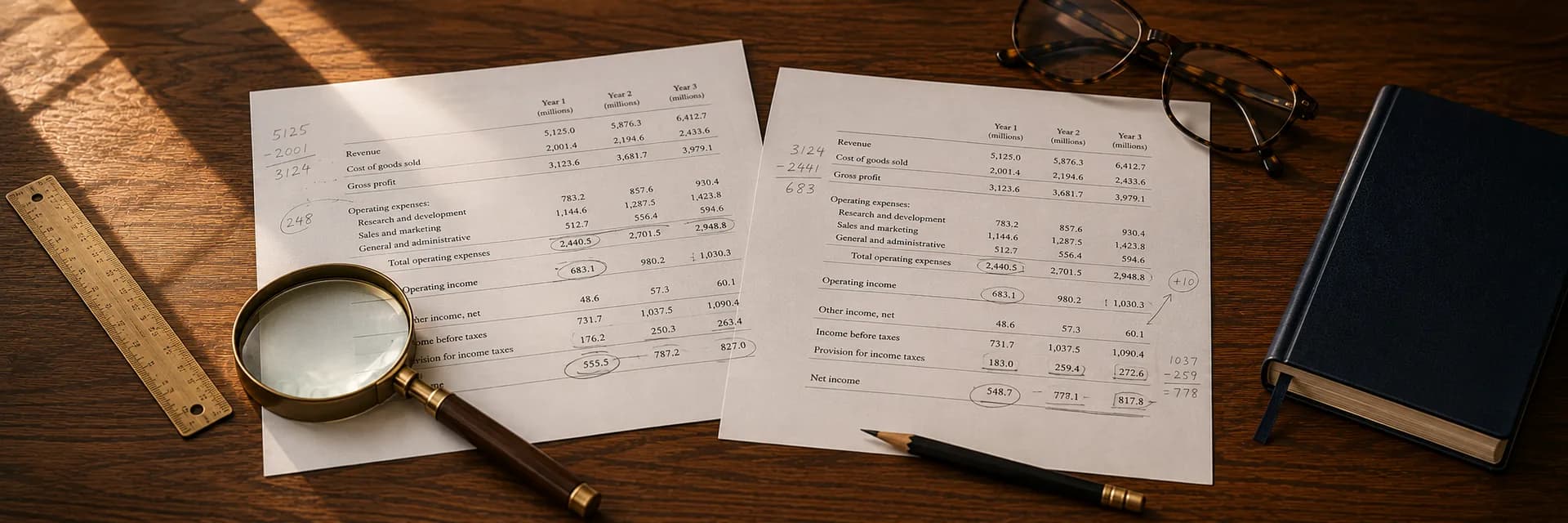 Editorial photograph looking down at a slight angle onto a warm wooden desk in raking sunlight, with two printouts of the same multi-year income statement lying side by side and marked up in pencil, different subtotals circled on each and pencil arithmetic in the margins. A brass-handled magnifying glass rests on the left sheet and a sharpened pencil on the right, with a wooden ruler, tortoiseshell reading glasses, and a closed navy notebook around them.
