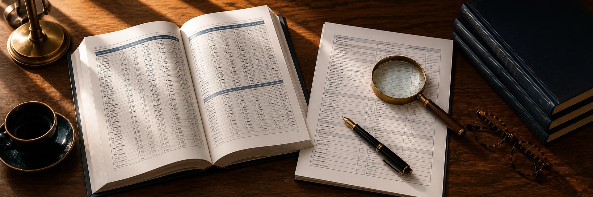 Overhead photograph of a walnut desk with an annual report open to a share-count table, a printed Form 4 filing beside it, a brass magnifying glass resting on the filing, a fountain pen, tortoiseshell reading glasses, a small stack of navy-bound reports and a cup of black coffee on a saucer, in warm wood, navy and brass tones under soft afternoon light