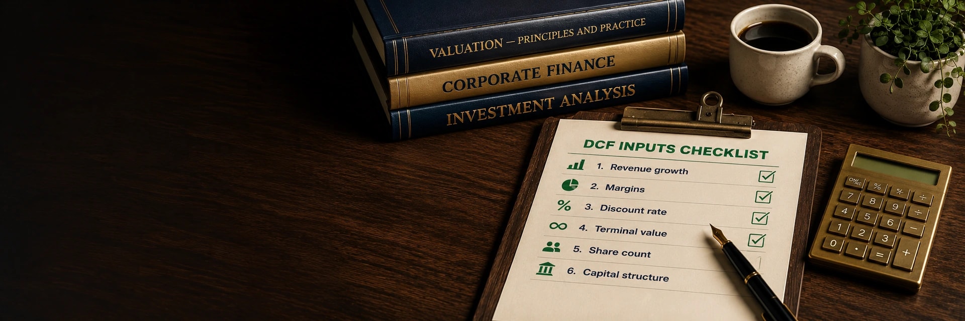 Editorial hero showing the title 'DCF inputs checklist: audit any DCF before trusting its output' on a deep-navy panel, alongside a wooden desk with three gold-embossed valuation textbooks (Valuation Principles and Practice, Corporate Finance, Investment Analysis), a clipboard listing six checked DCF Inputs Checklist items (Revenue Growth, Operating Margins, Capital Intensity, Cost of Capital, Terminal Growth, Cash & Other Adjustments), a brass calculator, fountain pen, ceramic coffee mug and small plant in warm wood, navy and brass tones