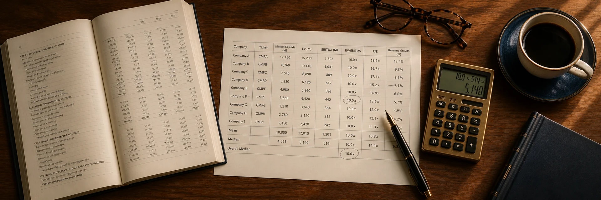 Overhead photograph of a walnut desk with a printed peer-comparison table of EV/EBITDA multiples, an annual report open to the cash flow statement, a brass calculator, a fountain pen, reading glasses and a cup of coffee in deep navy and warm wood tones