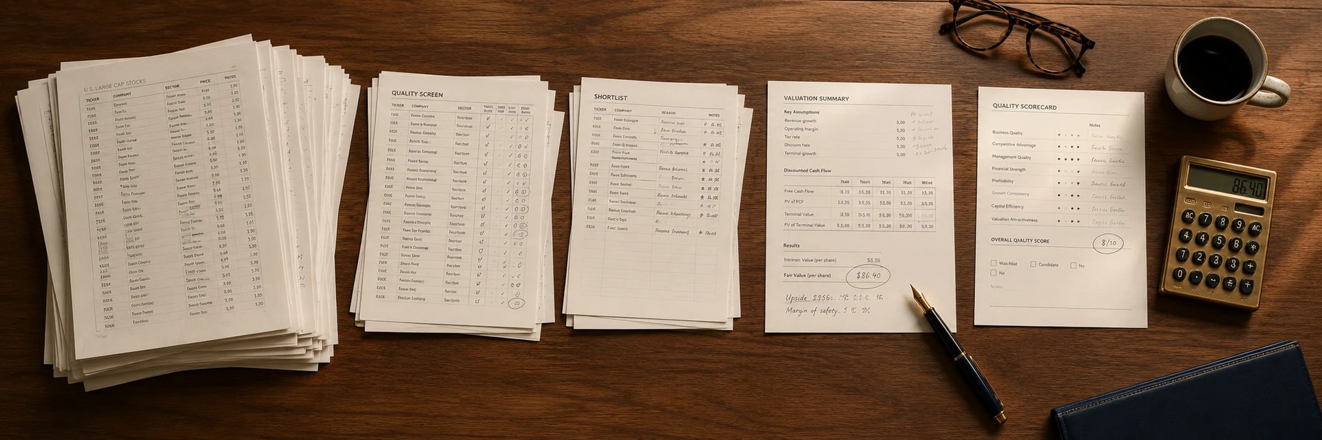 Editorial overhead photograph of a walnut desk showing a thick stack of printed stock-screening lists narrowing to a single annotated one-page valuation report, beside a quality scorecard sheet, a brass calculator displaying a fair-value figure, a fountain pen resting on the signed page, reading glasses and a ceramic coffee mug, in warm wood, navy and brass tones