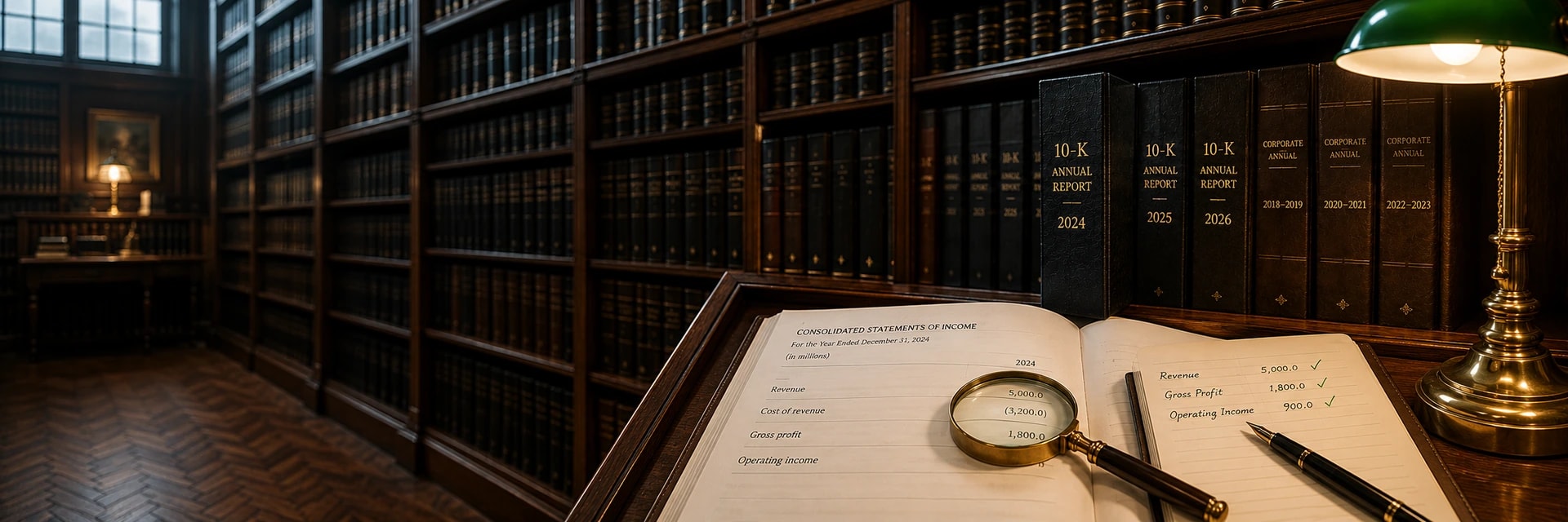Editorial photograph of a research archive interior. Dark walnut shelving along the wall holds rows of bound 10-K annual reports with year labels visible on the spines. In the foreground a heavy wooden reading lectern jutting into frame supports an open large-format annual report; a brass library lamp with a green glass shade casts a warm pool of light onto the page; a magnifying glass rests on a row of numbers; a leather-bound notebook with handwritten entries sits beside the report. Parquet floor below. Warm wood, deep navy, brass, paper-cream palette.