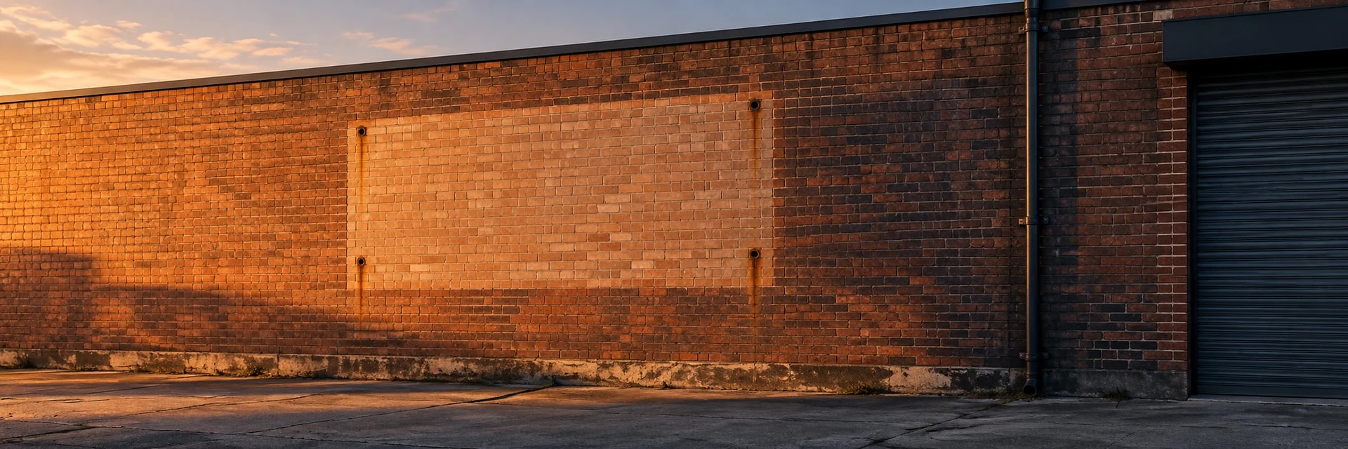 Editorial photograph at golden hour of a terracotta brick warehouse wall, seen at a slight angle under an evening sky. A lighter rectangle of unfaded brick marks where a large sign has been taken down, with anchor holes at its edges and faint rust streaks running down from them. A long shadow falls across the lower left of the wall. A dark downpipe and a closed gray roller shutter sit at the right, and a strip of cracked concrete apron runs along the base of the wall. No people and no legible lettering or signage appear anywhere in the frame.