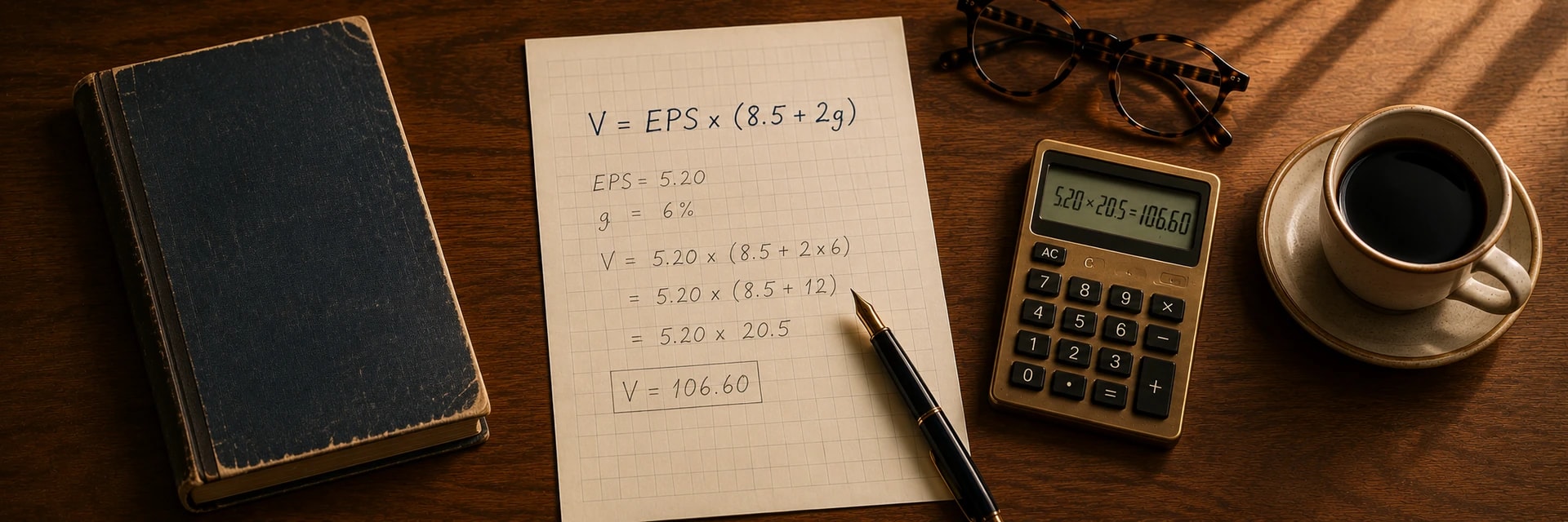 Overhead photograph of a walnut desk with a vintage navy hardcover book, grid paper showing a handwritten intrinsic-value formula, a brass calculator, a fountain pen and reading glasses in deep navy and warm wood tones
