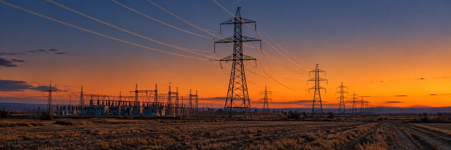 Editorial photograph of a high-voltage transmission line at blue hour, in a wide panoramic frame. A row of lattice-steel towers recedes from the foreground toward the horizon across flat cultivated farmland, each one silhouetted against a sky that grades from deep orange at the horizon to dark indigo overhead. The conductor lines catch the last light as thin bright threads strung between the towers. In the middle distance a substation sits low behind a plain fence, its transformer bank and stacked ceramic insulators just visible. Dry grass and tire tracks cross the bare ground in the foreground. The palette is cool steel gray against warm amber. No people, vehicles, signage or legible lettering appear anywhere in the frame.