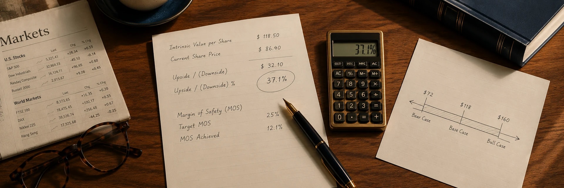 Editorial overhead photograph of a wooden desk with a valuation worksheet showing an intrinsic-value-minus-price subtraction, a calculator displaying a percentage, a bear-base-bull range sketch, and a fountain pen in warm wood, navy and brass tones