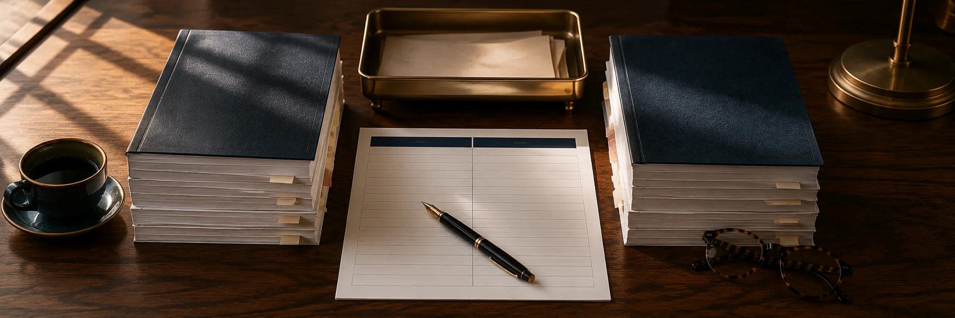 Overhead photograph of a walnut desk with two squared stacks of navy-bound annual reports placed side by side, a ruled two-column comparison sheet between them with a fountain pen resting across it, a brass letter tray, tortoiseshell reading glasses and a dark cup of coffee on a saucer in warm wood, navy and brass tones under soft afternoon light