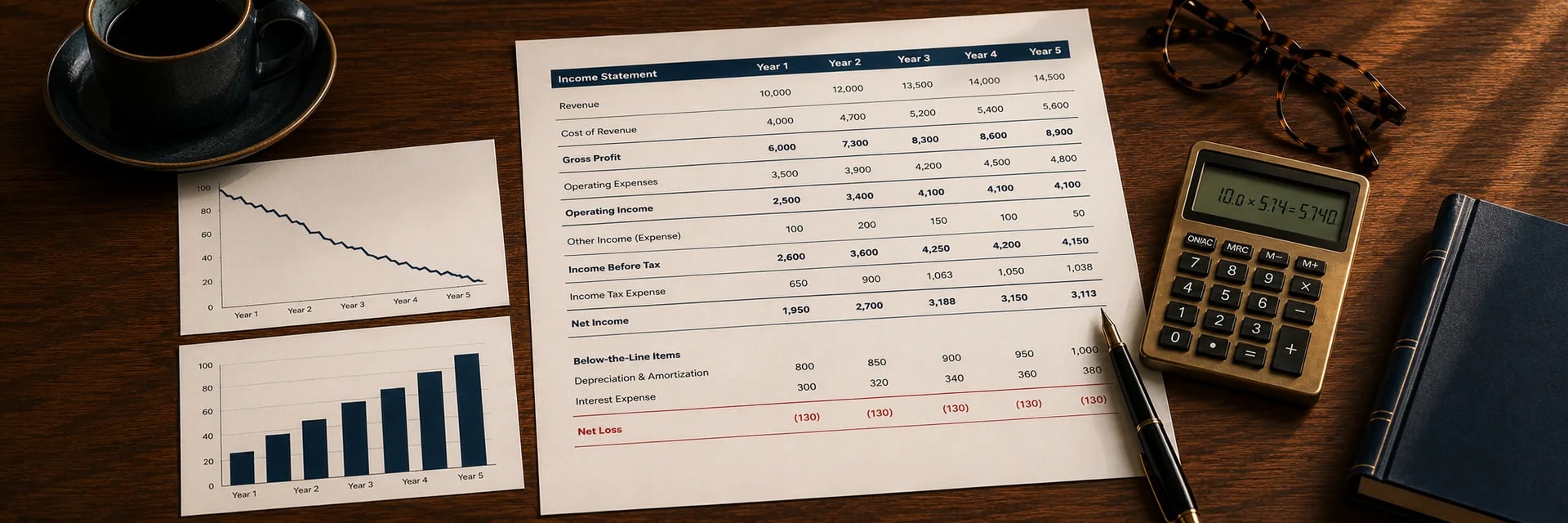 Angled photograph of a dark wood desk showing a detailed five-year income statement with revenue rising, operating income shrinking and a red Net Loss line at the bottom, a downward-trending line chart and an upward-trending bar chart on paper cards to the left, a brass calculator, a fountain pen, tortoiseshell reading glasses, a dark coffee cup and a navy notebook in warm wood and deep navy tones