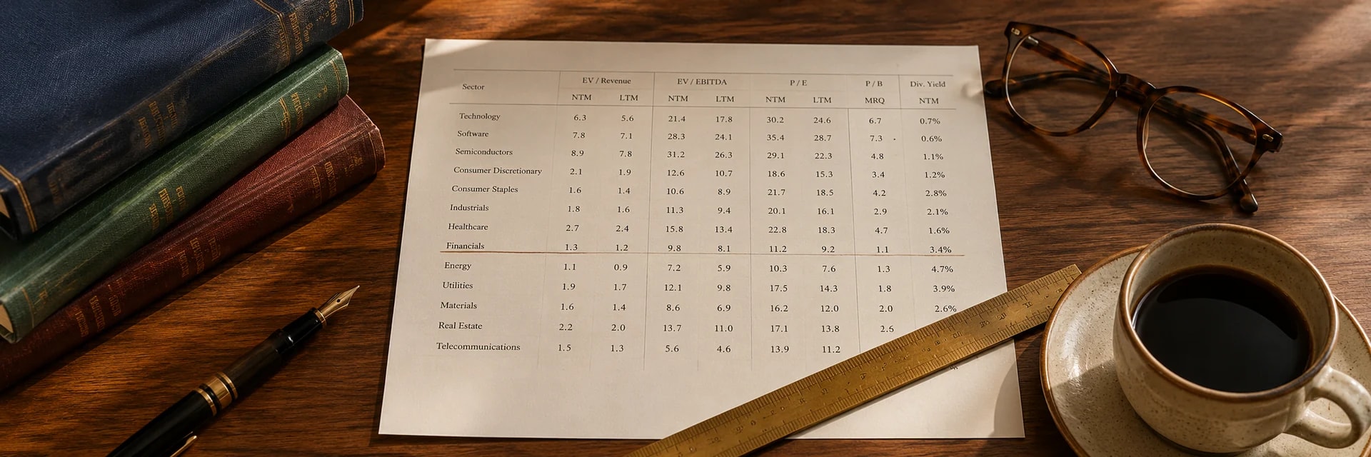 Overhead photograph of a walnut desk with a printed sector multiples comparison table beside annual reports from different industries, a brass ruler laid across the table, a fountain pen and a cup of coffee in warm afternoon light
