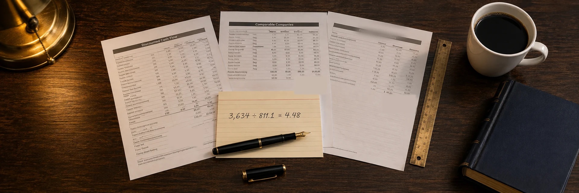 Editorial overhead photograph of a dark wooden desk in warm lamplight, the tiered brass base of a lamp filling the top left corner. Three printed valuation worksheets lie fanned side by side across the center, the nearest headed Discounted Cash Flow and the next headed Comparable Companies, each ruled into columns of small figures, with the third sheet angled away and its heading out of focus. A lined cream index card rests on top of them carrying the handwritten line 3,634 divided by 811.1 equals 4.48, with an uncapped black fountain pen with a gold nib lying across its lower edge and the matching cap set down on the desk below. A brass ruler lies along the right edge of the sheets, and beyond it a white ceramic cup of black coffee and a closed navy hardcover book with gilt page edges fill the right side of the frame.