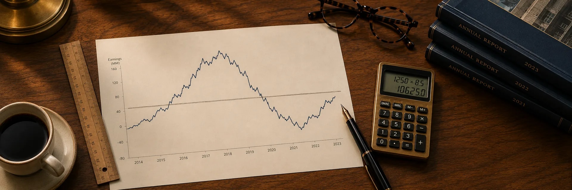 Editorial overhead photograph of a wooden desk with a printed multi-year earnings chart showing a rising and falling wave, a pencil-drawn flat line ruled through the middle of the wave beside a wooden ruler, a brass calculator, a fountain pen, tortoiseshell reading glasses, a stack of navy annual reports and a coffee cup, in warm wood, navy and brass tones.