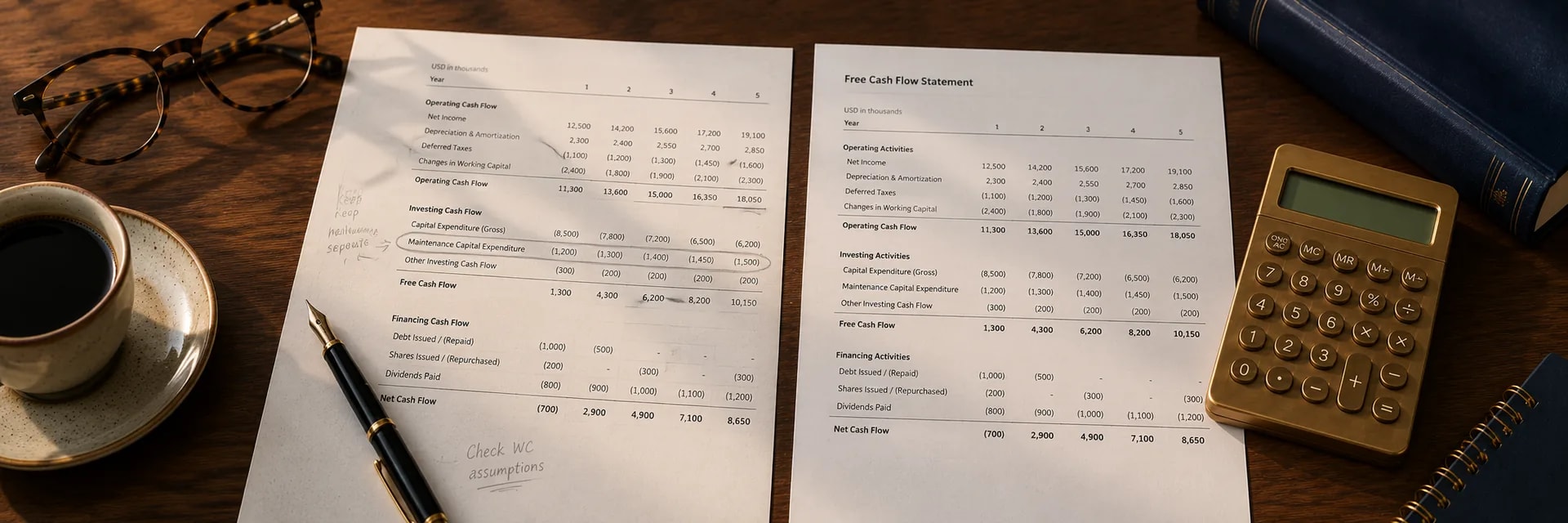 Overhead photograph of a walnut desk with two printed free cash flow worksheets side by side, the left one pencil-annotated with a circled maintenance capital expenditure line and handwritten working capital notes, the right one a clean free cash flow statement, beside a brass calculator, fountain pen, reading glasses and a ceramic coffee cup in warm wood, navy and brass tones