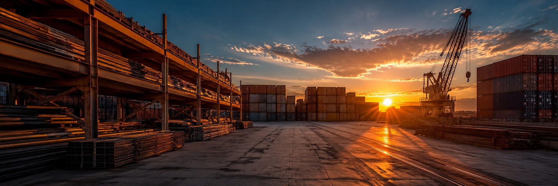 Editorial photograph of a working industrial yard at sunset, looking down a wide concrete apron toward a low sun. On the left, tiers of steel storage racking hold bundled bar and tube stock, with more bundles stacked on the ground beside them. Stacked shipping containers in rust red, blue and brown stand across the middle distance, and a lattice-boom crane with its hook block lowered stands to the right against the sky. Rails set into the concrete catch the light, and no people, signage or lettering appear anywhere in the frame.