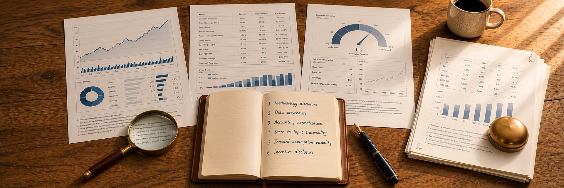 Editorial overhead photograph of a wooden analyst desk with three printed stock-analysis platform dashboards fanned out side by side (a line chart with bar histogram, a numeric ratio table covering valuation and quality metrics, and a fair-value gauge with a needle pointing to 112), an open leather-bound notebook in the foreground showing a handwritten numbered list of six checks in dark-blue fountain-pen cursive: 1. Methodology disclosure, 2. Data provenance, 3. Accounting normalization, 4. Score-to-input traceability, 5. Forward-assumption visibility, 6. Incentive disclosure. A magnifying glass tilted over a methodology disclaimer footnote on one of the printouts, a brass paperweight resting on a stack of pages with printed disclosure notes, a fountain pen with a brass-tone nib, and a ceramic coffee mug at the far edge, all lit by warm afternoon side-light. Warm wood, deep navy, brass, paper-cream palette.