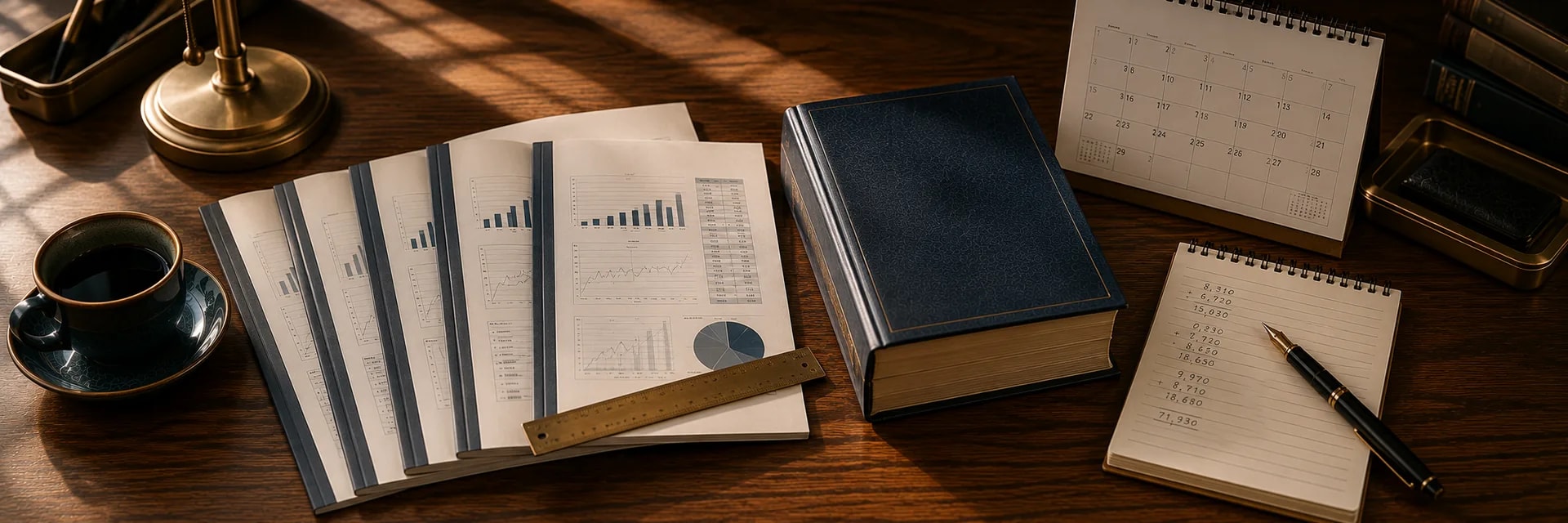 Editorial overhead photograph of a wooden desk with five thin quarterly report booklets fanned in a rolling sequence beside a thick navy bound annual report, a desk calendar standing behind them, a brass ruler lying across the booklets, a notepad with handwritten addition columns, a fountain pen, a brass desk lamp, and a dark ceramic coffee cup on a saucer, in warm wood, navy and brass tones