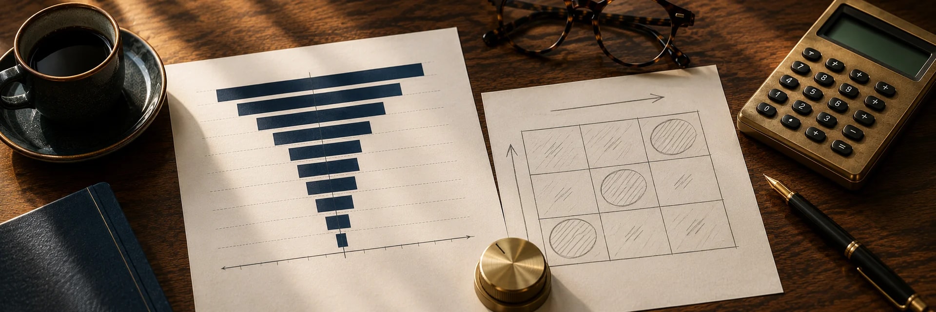 Overhead photograph of a walnut desk with a printed tornado chart of navy horizontal bars, a hand-drawn three-by-three grid table in pencil, a brass dial control, a brass calculator, reading glasses, a fountain pen, a navy notebook and a dark cup of coffee, in deep navy, brass and warm wood tones