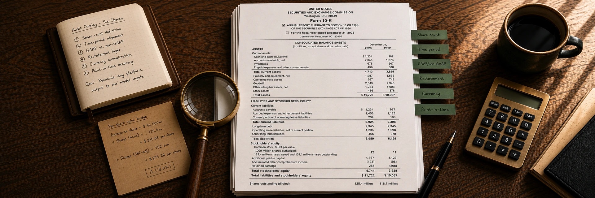 Editorial overhead photograph of a wooden desk with a printed SEC Form 10-K balance-sheet page held open by a magnifying glass, a leather-bound notebook beside it showing handwritten audit checklist items (share count, GAAP vs adjusted, restatement), three green page-tab sticky notes marking sections, a brass desktop calculator, a fountain pen, and a ceramic coffee mug, in warm wood, navy and brass tones