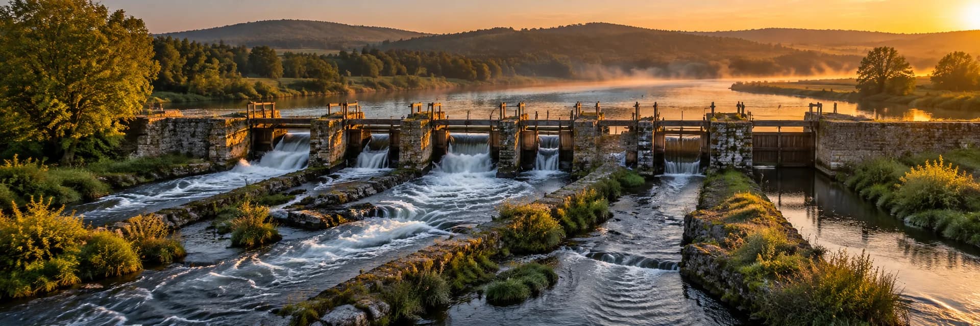 Editorial photograph of an old stone river weir at golden hour, in a wide panoramic frame. A row of wooden sluice gates set between stone piers divides one broad river into several separate channels. Some gates run wide open with strong white water, others release only a thin stream, and the last gate on the right is closed, with still water held behind it. Grassy stone walls separate the channels as they flow toward the foreground. Mist hangs over the river beyond the weir, wooded hills rise in the distance, and the low sun sits at the upper right. No people, boats, buildings or legible lettering appear anywhere in the frame.