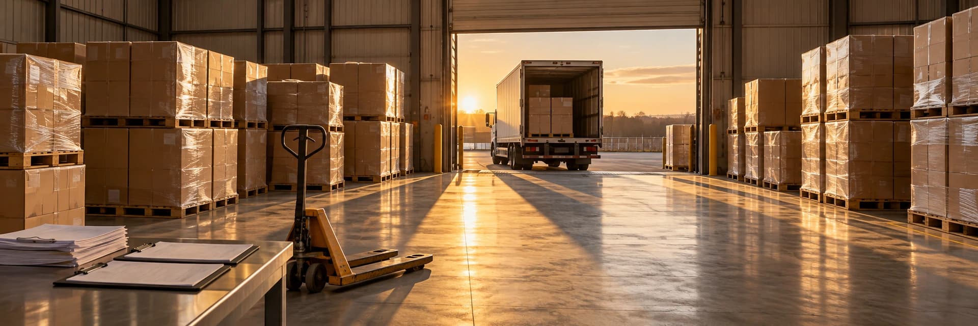 Editorial photograph inside a warehouse loading bay at golden hour, in a wide panoramic frame. Shrink-wrapped brown cartons stacked on pallets line both sides of the bay, and low sun comes in through an open dock door, laying long bands of light across a polished concrete floor. Outside the door, a plain white box truck is backed up with its rear fully open, showing the cartons inside. In the foreground, a steel table holds a stack of paper and two clipboards with faintly lined, illegible sheets, and a yellow hand pallet truck stands beside it. No people and no legible labels or lettering appear anywhere in the frame.