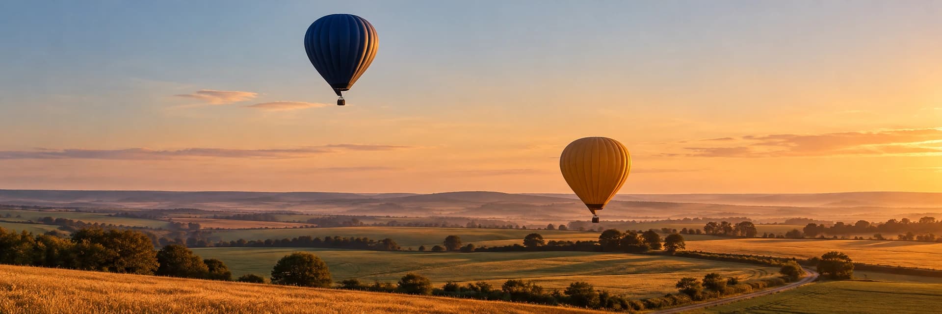 Editorial photograph at golden hour of two hot-air balloons over open farmland. One balloon floats high in the upper left of the sky and the other hangs low above the fields on the right, so the vertical gap between them fills the center of the frame. Long shadows stretch across patchwork fields, hedgerows and a farm track below. The balloon envelopes are plain muted colors, and no people, lettering or logos are visible anywhere in the frame.