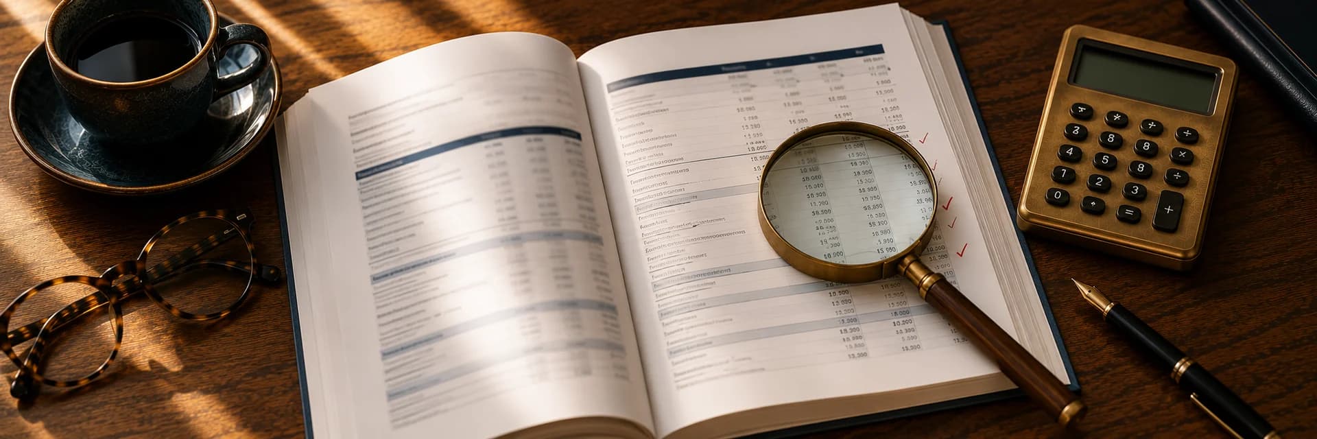 Overhead photograph of a walnut desk with an open annual report turned to the cash flow statement, a magnifying glass resting over a column of figures with a few red pencil ticks in the margin, a brass calculator, tortoiseshell reading glasses, a gold-nibbed fountain pen and a dark cup of coffee, in warm wood and brass tones under soft golden light