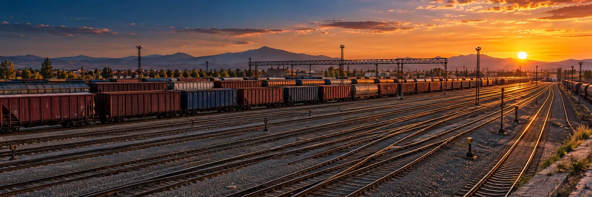 Editorial photograph of a railroad classification yard at golden hour, seen in a wide panoramic frame from a raised vantage point. Many parallel tracks fan out across the gravel ballast, their rails catching amber light from a low sun on the right. Lines of dark red, brown and blue freight cars and tank cars stand on the tracks, receding toward a long gantry that spans the yard in the middle distance. Hazy mountains line the horizon under a sky that grades from deep blue to warm orange. No people, no reporting marks on the freight cars and no legible lettering appear anywhere in the frame.