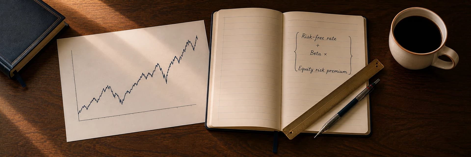 Editorial overhead photograph of a dark wooden desk in warm afternoon light, with soft shafts of light falling across the grain. On the left a sheet of matte paper carries a printed line chart of a single jagged series that dips and recovers as it climbs to the right, with no legible axis figures. To its right lies an open ruled notebook, its left page blank. On the right page a handwritten build-up sits inside a large brace and reads risk-free rate, plus, beta times, equity risk premium. A brass ruler and a mechanical pencil rest diagonally across the lower right of the notebook, a dark navy hardback book sits at the upper left corner, and a cream cup of black coffee sits at the upper right.