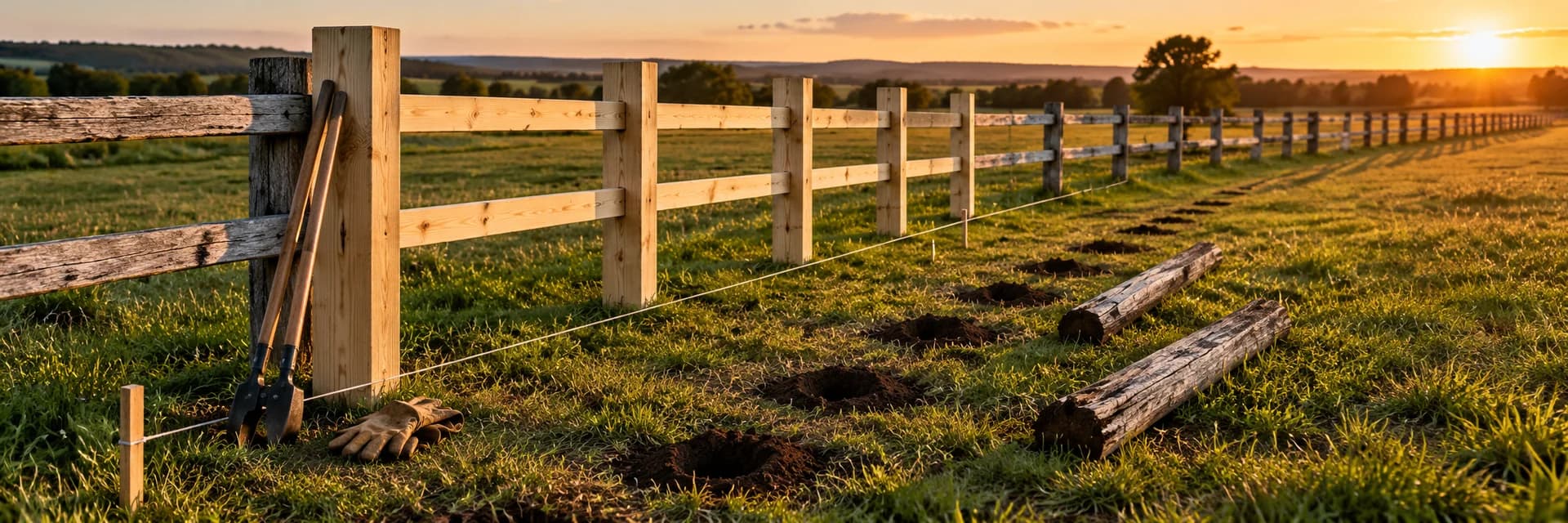 Editorial photograph at golden hour of a wooden post-and-rail fence crossing a grassy field. On the left, new posts and rails in pale, unweathered wood stand beside an old weathered post. A post-hole digger leans against the nearest new post, with a pair of leather work gloves on the grass at its foot, and a white string line runs between small wooden stakes along the ground. A row of freshly dug post holes, ringed with dark loose soil, crosses the grass, and two weathered gray posts lie on their sides beside them. The fence continues toward the horizon, with a low sun on the right throwing long shadows across the field. No people and no legible lettering appear anywhere in the frame.
