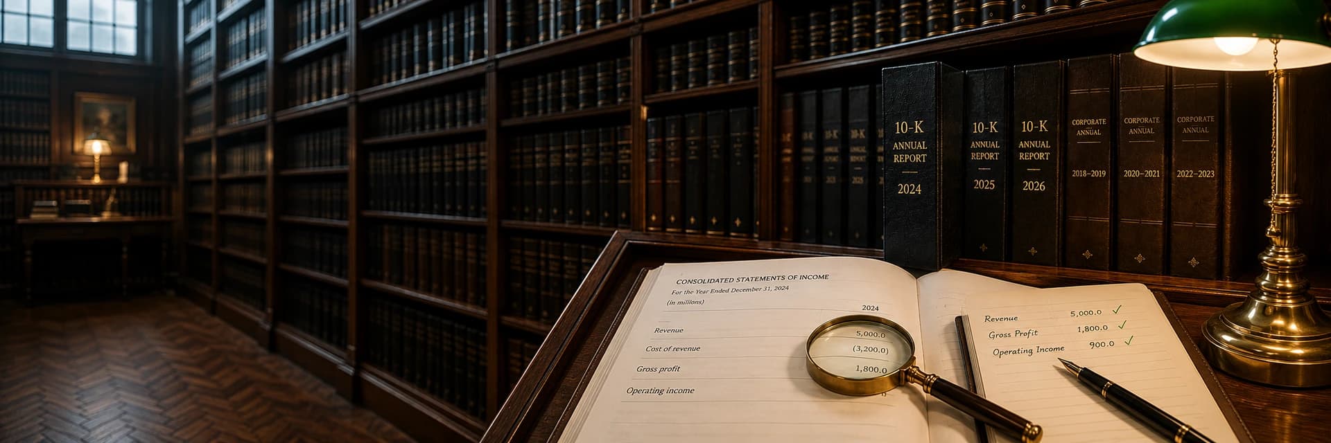 Editorial photograph of a research archive interior. Dark walnut shelving along the wall holds rows of bound 10-K annual reports with year labels visible on the spines. In the foreground a heavy wooden reading lectern jutting into frame supports an open large-format annual report; a brass library lamp with a green glass shade casts a warm pool of light onto the page; a magnifying glass rests on a row of numbers; a leather-bound notebook with handwritten entries sits beside the report. Parquet floor below. Warm wood, deep navy, brass, paper-cream palette.