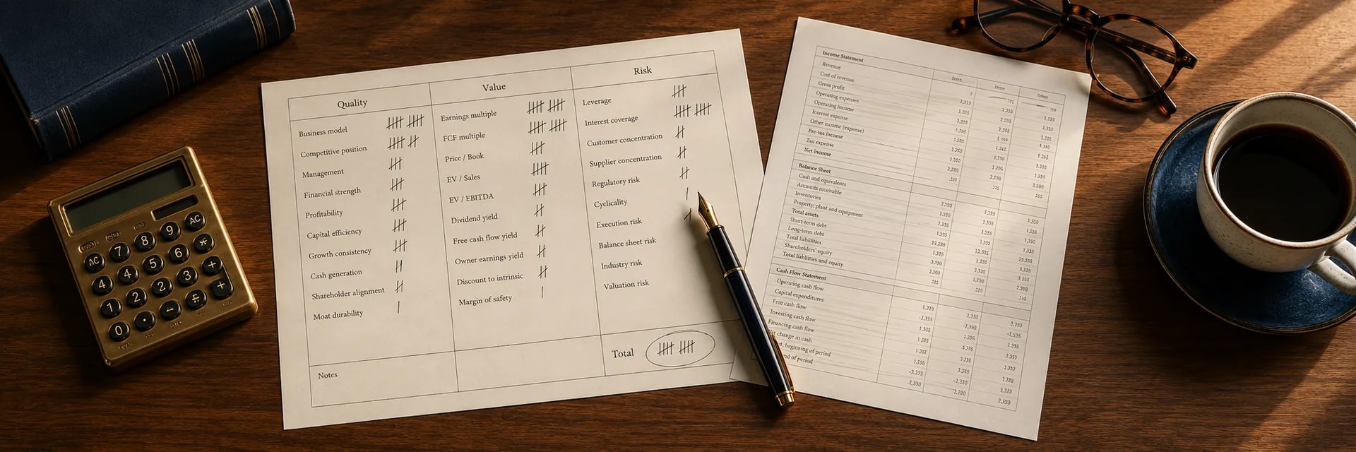 Overhead photograph of a walnut desk with a printed three-category scorecard marked with tally marks, a company financial statement, a brass calculator, a fountain pen, reading glasses and a hardcover finance book in deep navy and warm wood tones