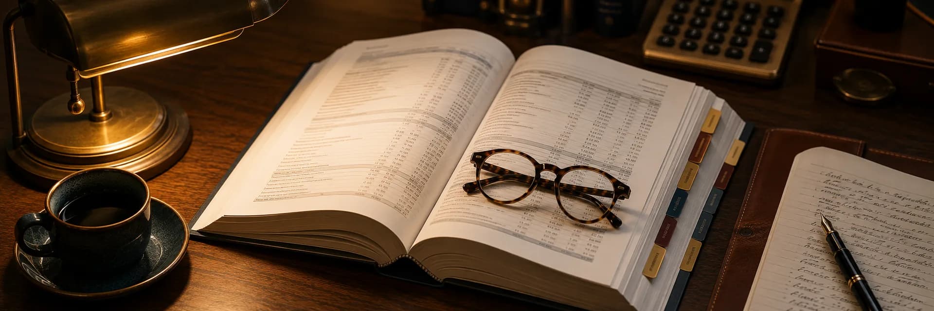 Angled photograph of a dark wooden desk with a thick bound annual report lying open to pages of financial tables, colored section tabs marking its parts, tortoiseshell reading glasses resting on the figures, a brass lamp casting warm light onto the page, a fountain pen on a leather notebook with handwritten notes, a dark cup of coffee on a saucer, and a brass calculator in the background, in warm wood, navy and brass tones