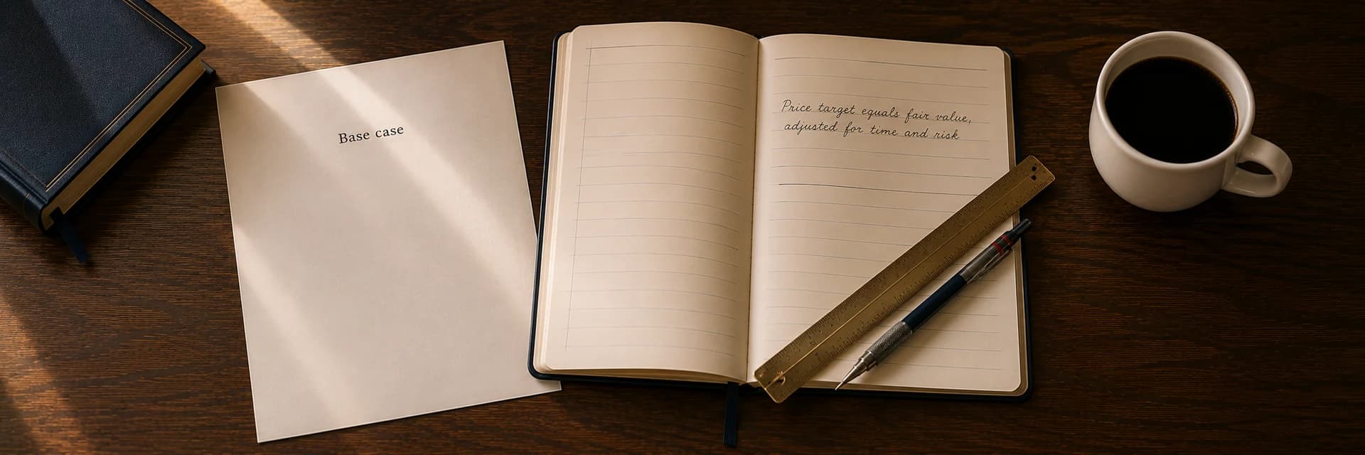 Editorial overhead photograph of a dark wooden desk in warm afternoon light. A typed valuation sheet headed Base case lies to the left of an open ruled notebook, and two lines of handwritten script across the notebook's right page read that a price target equals fair value, adjusted for time and risk. A brass ruler and a mechanical pencil rest diagonally across the notebook, a navy hardback book sits at the upper left corner, and a cream cup of black coffee sits at the upper right.